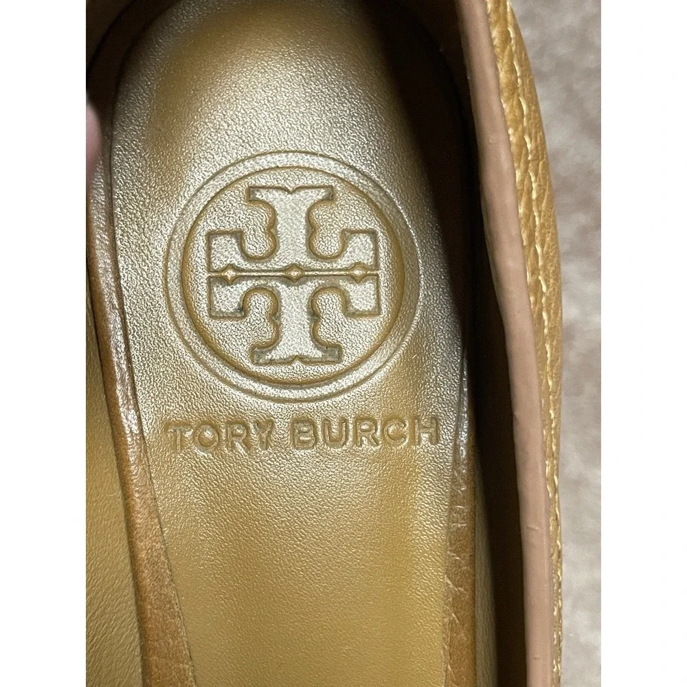 Tory Burch Women's Leather Open Toed Wedged heel Camel Gold‎ TB Logo Size 6.5